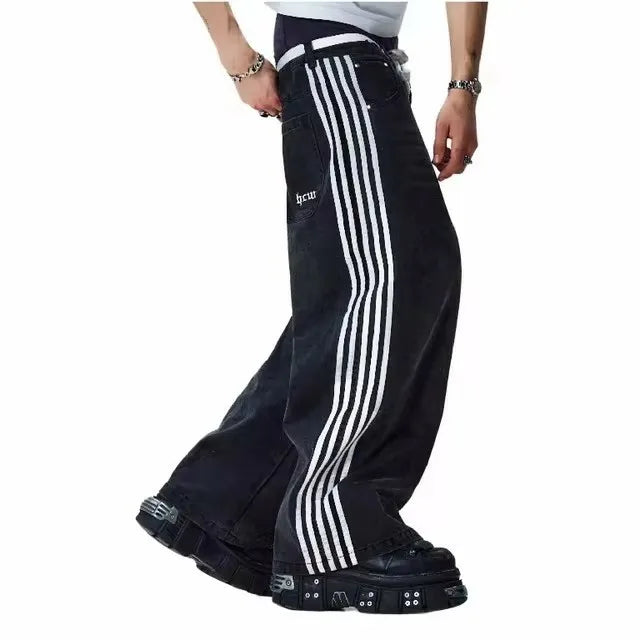 Jeans Y2K Black Pants Mens Hip Hop Big Pocket Design Cartoon Embroidery Baggy Jeans High Waist Wide Leg Floor Mopping Trousers
