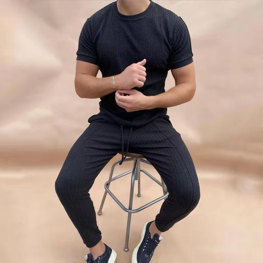 2024 Slim Fit Crew Neck Pullover Short Sleeve Cinched Trousers Two-Piece Set Casual Solid Color Tracksuit