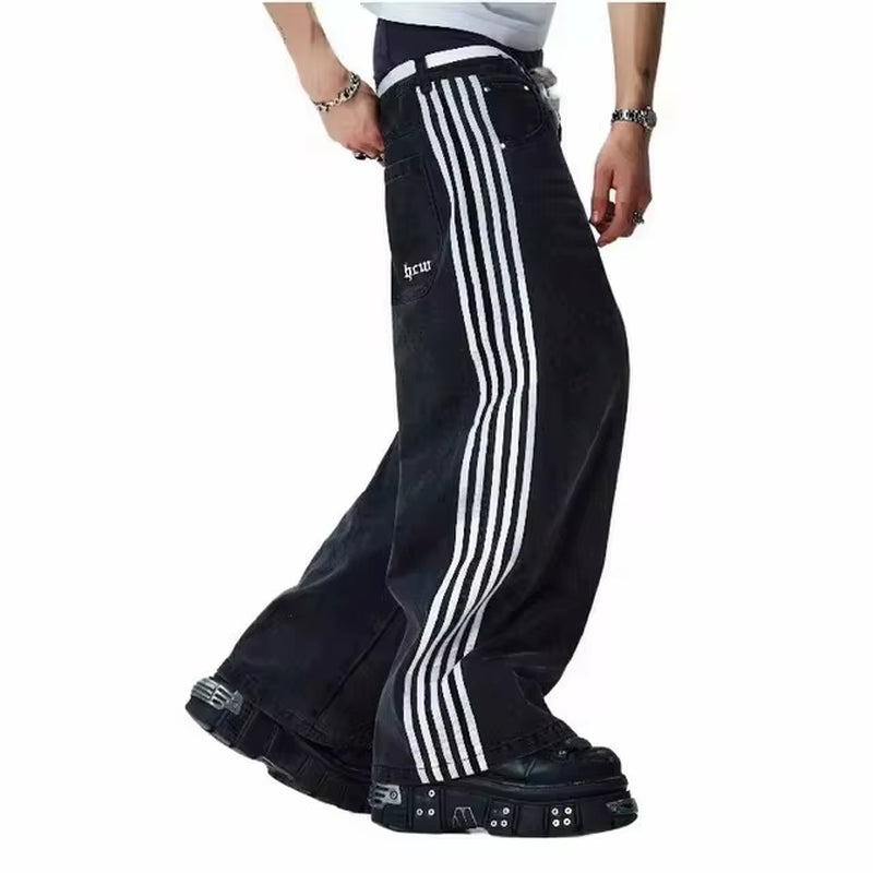 Jeans Y2K Black Pants Mens Hip Hop Big Pocket Design Cartoon Embroidery Baggy Jeans High Waist Wide Leg Floor Mopping Trousers
