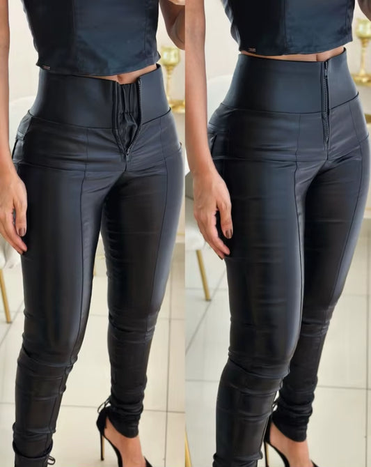 Fall Clothes 2024 Women Pu Leather Stretchy Women'S Luxury Clothing Waist Zipper Design Skinny Pants Woman Clothing