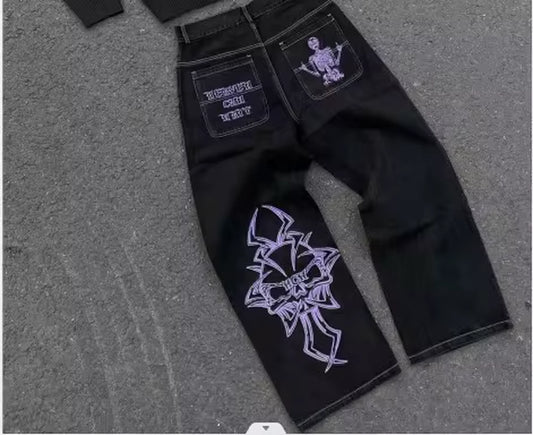 Jeans Y2K Black Pants Mens Hip Hop Big Pocket Design Cartoon Embroidery Baggy Jeans High Waist Wide Leg Floor Mopping Trousers