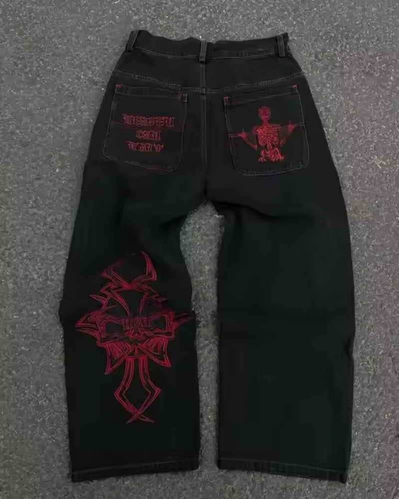 Jeans Y2K Black Pants Mens Hip Hop Big Pocket Design Cartoon Embroidery Baggy Jeans High Waist Wide Leg Floor Mopping Trousers