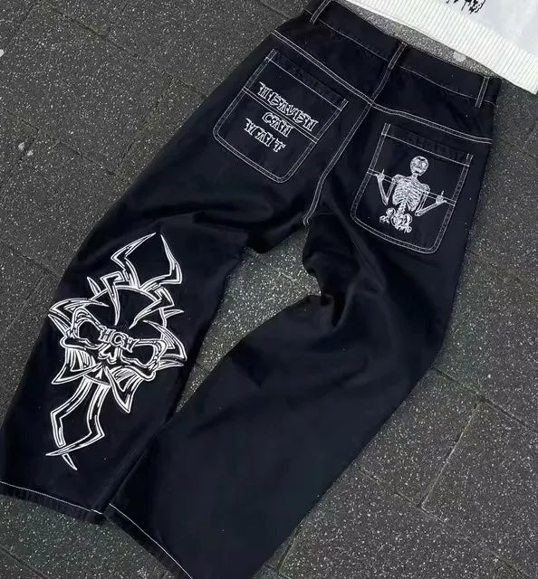 Jeans Y2K Black Pants Mens Hip Hop Big Pocket Design Cartoon Embroidery Baggy Jeans High Waist Wide Leg Floor Mopping Trousers