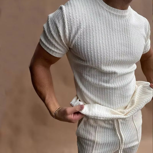 2024 Slim Fit Crew Neck Pullover Short Sleeve Cinched Trousers Two-Piece Set Casual Solid Color Tracksuit